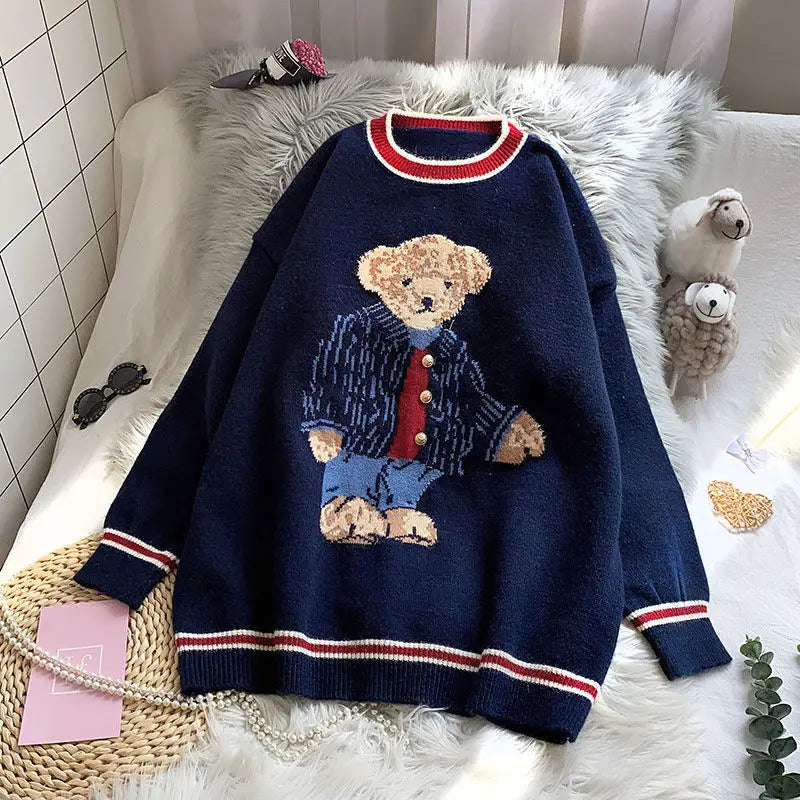 Korean Knitwear Bear Pullover - Youthful Women's 2024 Autumn/Winter Collection, Warm & Loose Jerseys