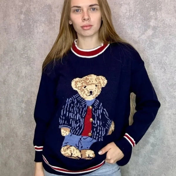 Korean Knitwear Bear Pullover - Youthful Women's 2024 Autumn/Winter Collection, Warm & Loose Jerseys