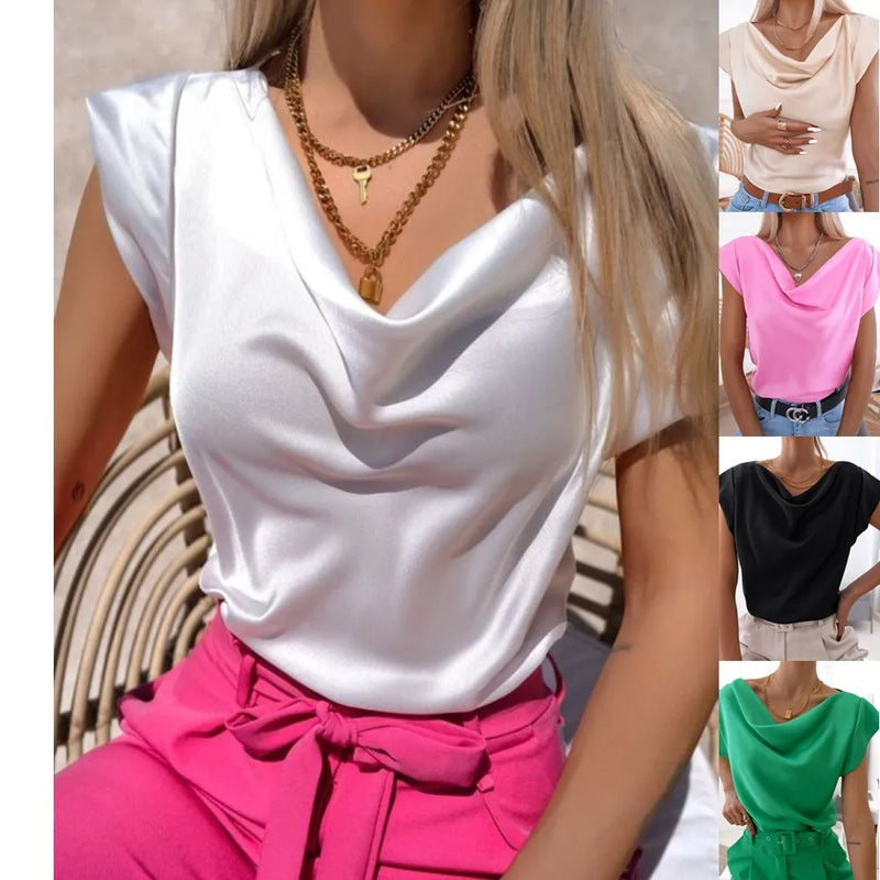 Women's 2024 Summer Fashion - Solid Color Short Sleeve Swing Neck Shirt, Loose Irregular Top