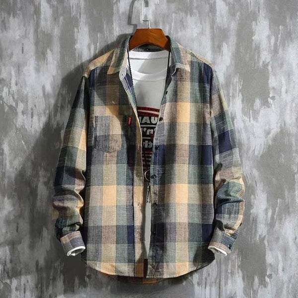 Men's Long Sleeve Plaid Shirt - Elegant Cotton Tops, Korean Style Hipster Spring Collection