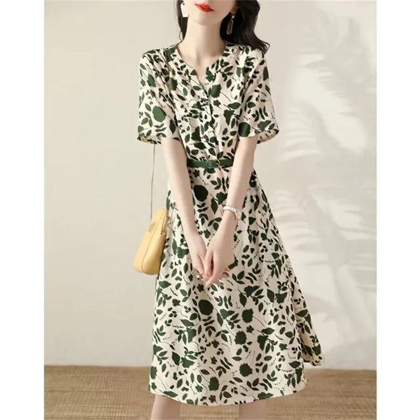 V-neck Floral Dress - Slimming Waist, A-line, Mid-length, Spring Fashion