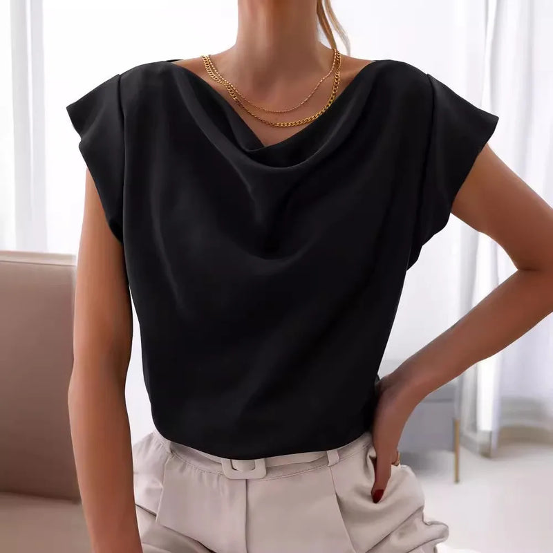 Women's 2024 Summer Fashion - Solid Color Short Sleeve Swing Neck Shirt, Loose Irregular Top