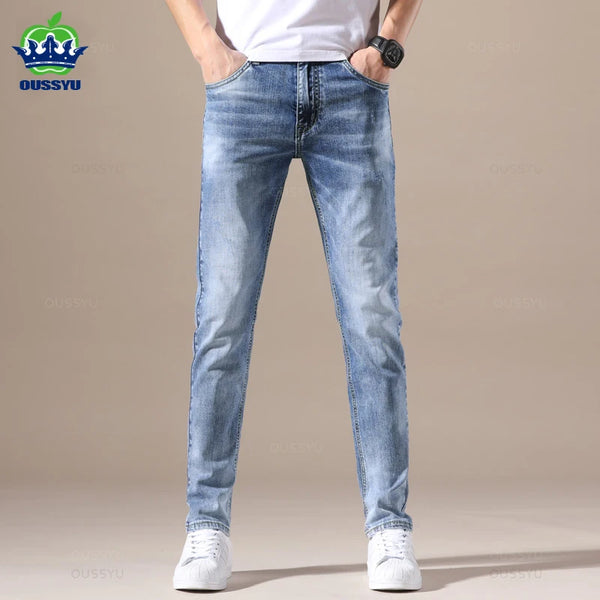 OUSSYU Men's Jeans - High-Quality Stretch Light Blue Denim, Fashion Pleated Retro Skinny Trousers, Sizes 28-40