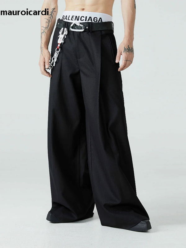 Mauroicardi Spring Autumn Wide Leg Pants - Loose Casual Baggy, Soft Black Pleated Men’s Designer Emo Clothing 2024