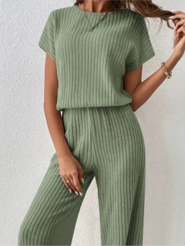 Women's Spring/Autumn Knitted Set - Solid Color, Short Sleeve Top & Pants, Two-Piece Collection