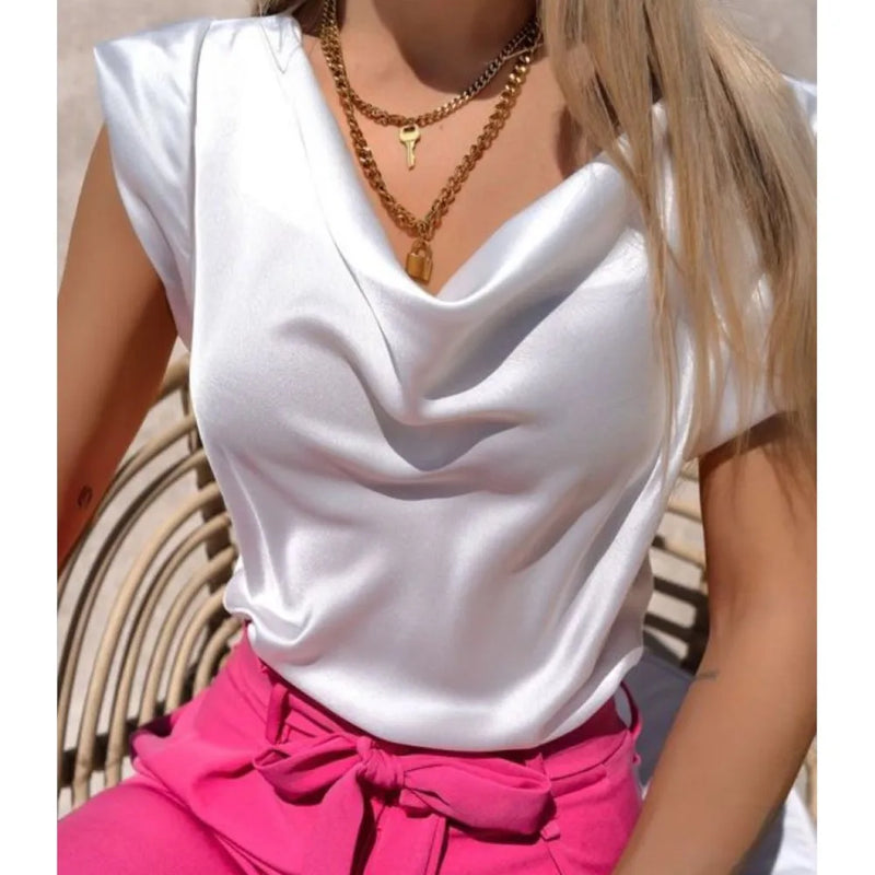 Women's 2024 Summer Fashion - Solid Color Short Sleeve Swing Neck Shirt, Loose Irregular Top