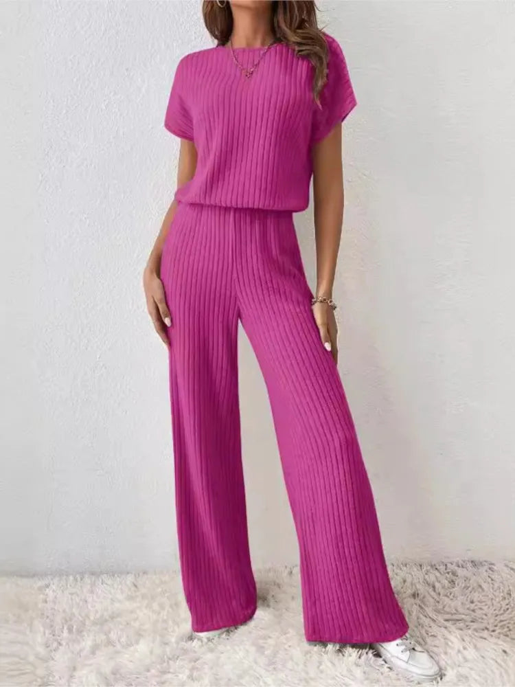 Women's Spring/Autumn Knitted Set - Solid Color, Short Sleeve Top & Pants, Two-Piece Collection