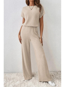 Women's Spring/Autumn Knitted Set - Solid Color, Short Sleeve Top & Pants, Two-Piece Collection