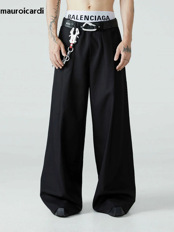 Mauroicardi Spring Autumn Wide Leg Pants - Loose Casual Baggy, Soft Black Pleated Men’s Designer Emo Clothing 2024