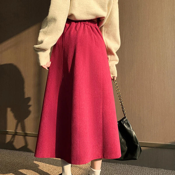 Vintage Corduroy Pleated Skirt - Women's A-Line, Casual Long Skirt, Autumn/Winter 2024 Collection