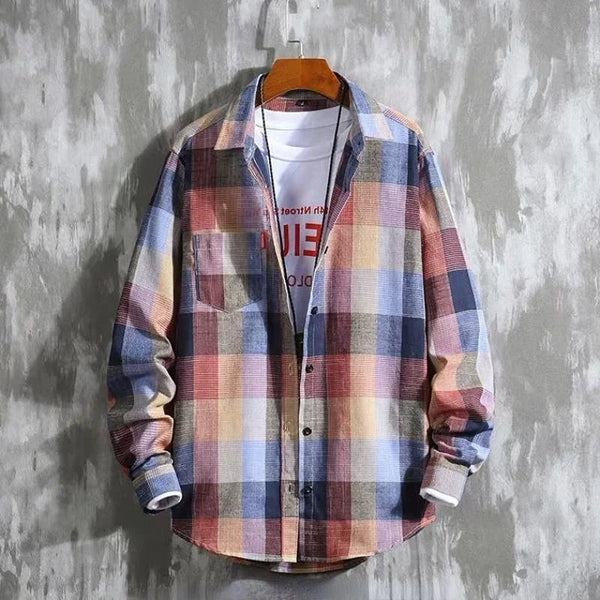 Men's Long Sleeve Plaid Shirt - Elegant Cotton Tops, Korean Style Hipster Spring Collection