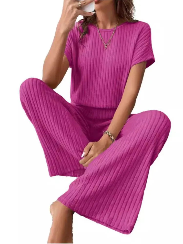 Women's Spring/Autumn Knitted Set - Solid Color, Short Sleeve Top & Pants, Two-Piece Collection