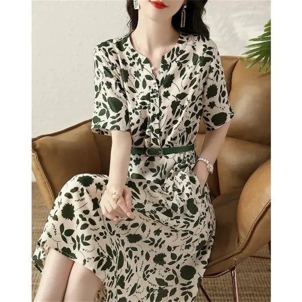 V-neck Floral Dress - Slimming Waist, A-line, Mid-length, Spring Fashion