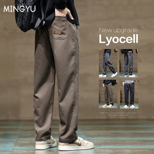 Men's Soft Lyocell Cargo Pants - Loose Straight, Elastic Waist, Casual Korea Style