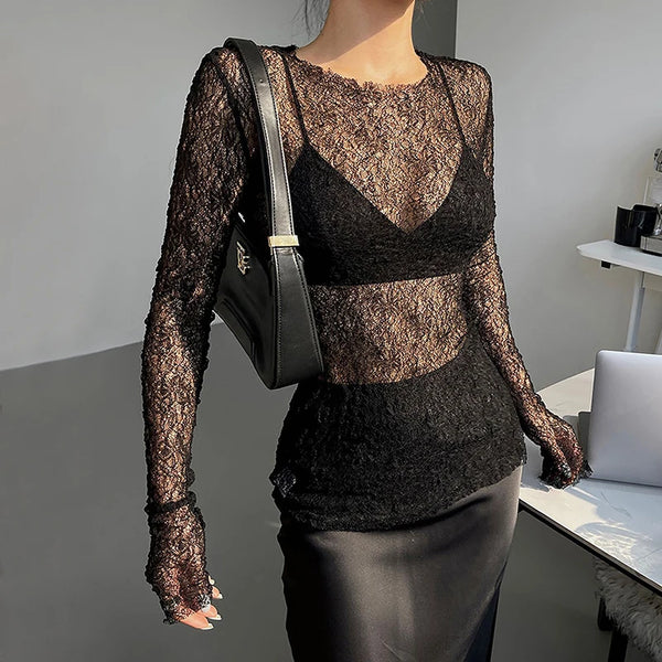 Sheer Slim-Fit Long Sleeve Top - Round Neck, Solid Color, Autumn/Winter Collection