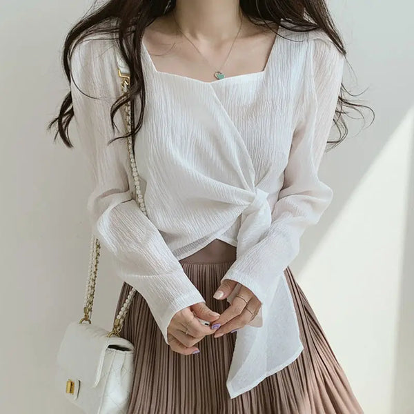 Women's Summer Asymmetrical Shirt - Casual Vintage Blouse, Korean Style, New Collection 2024